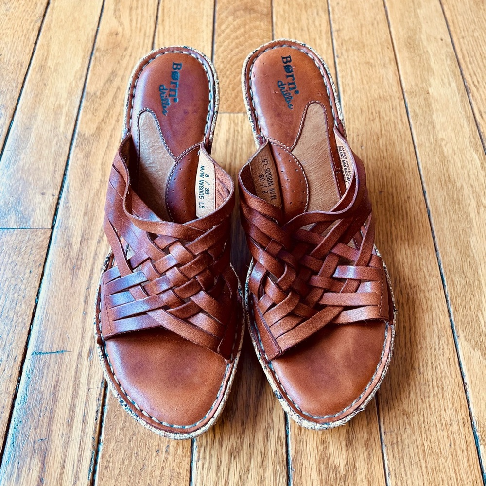 Born Drillers Women’s Wedge Heel Sandals Size 8 Brown Woven Leather Strappy